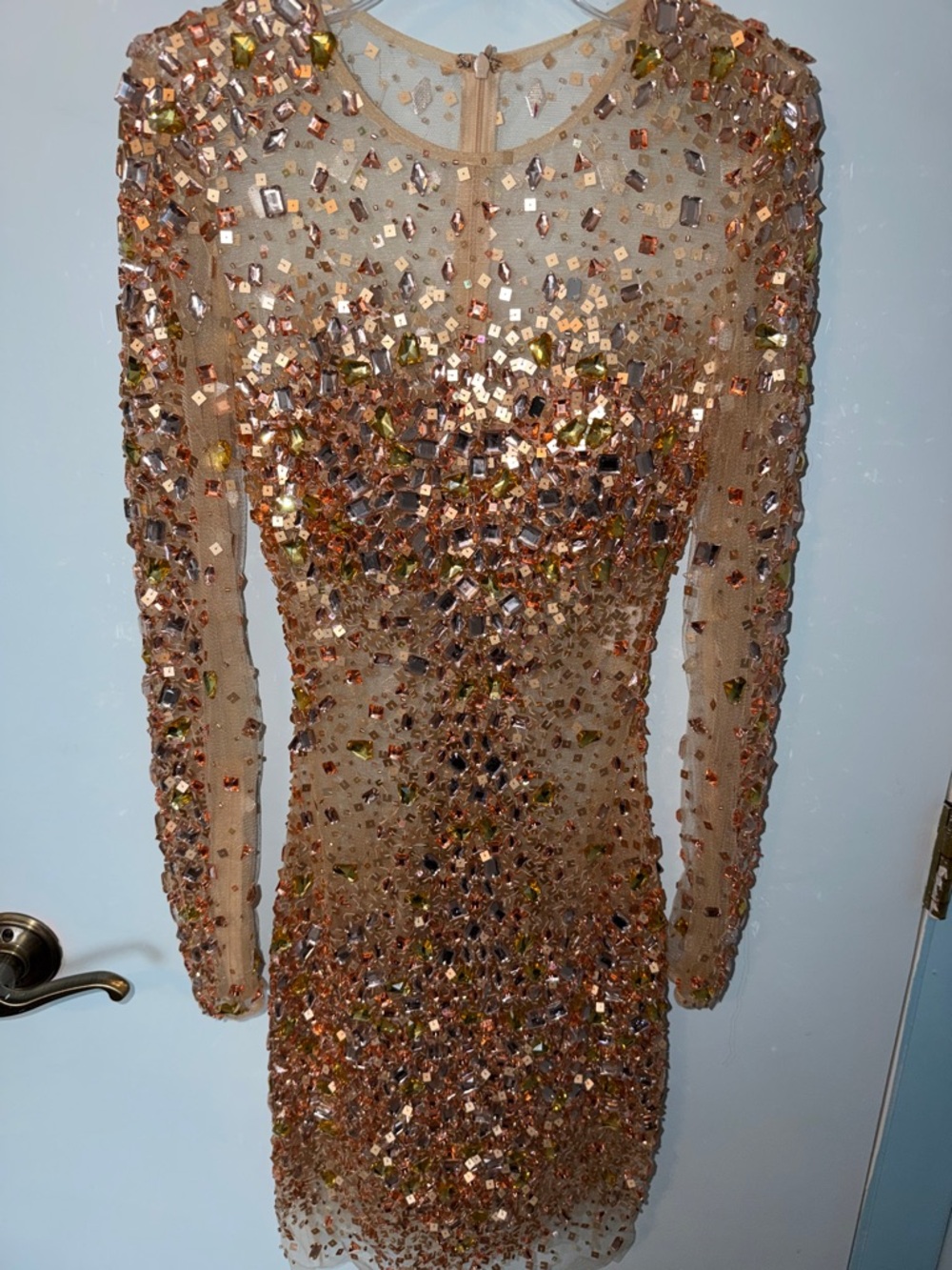 Jovani Rose Gold Sequin Long-Sleeve Mini Dress